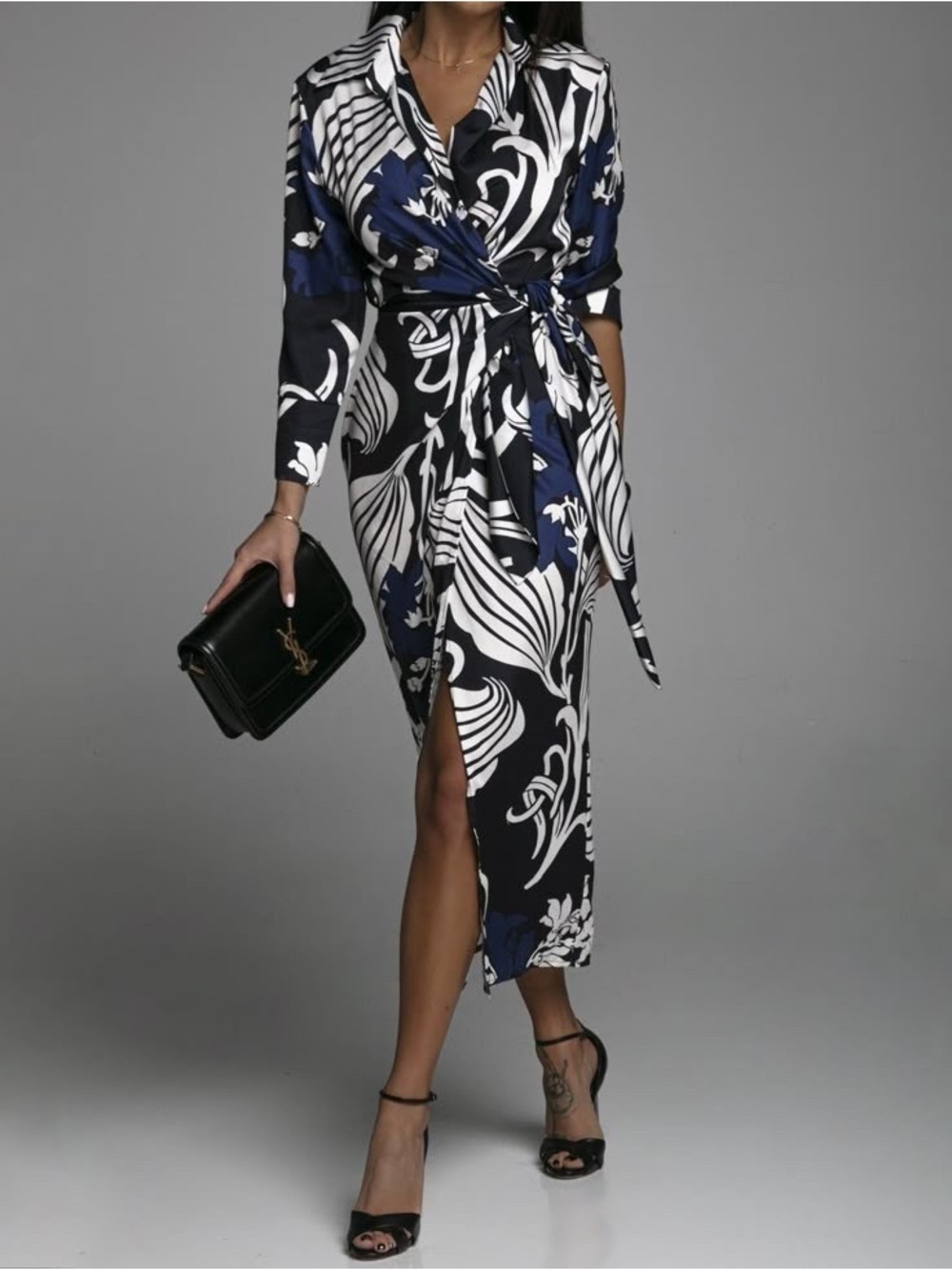 Zara Navy Wrap Midi Dress with Blue and Cream Floral Print